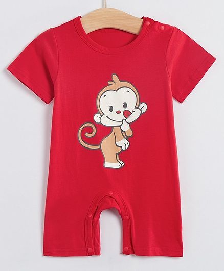 Kookie Kids Half Sleeves Romper Monkey Print - Red
