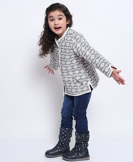 Ikeda Designs Full Sleeves Quilted Block Print Jacket - Grey