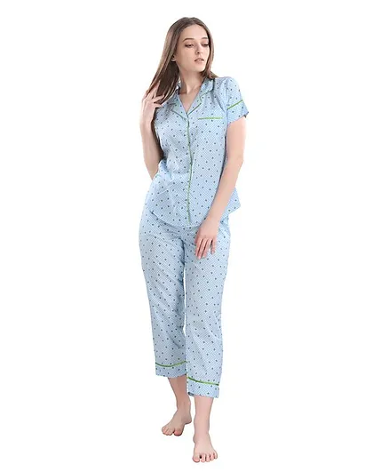 Piu Half Sleeves Polka Dotted Maternity Night Suit - Blue