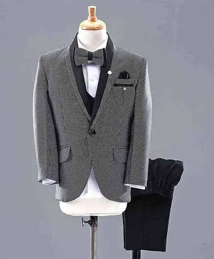 Robo Fry Full Sleeves Checked 4 Piece Party Suit with Bow - Black
