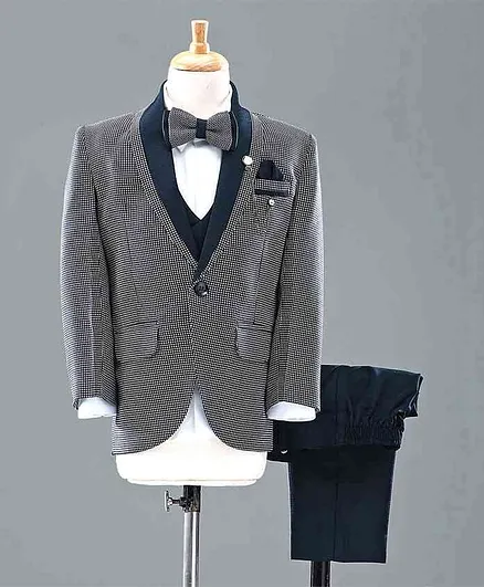 Robo Fry Full Sleeves Checked 4 Piece Party Suit with Bow - Blue
