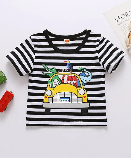 Kookie Kids Half Sleeves Striped Tee Car Print - Black