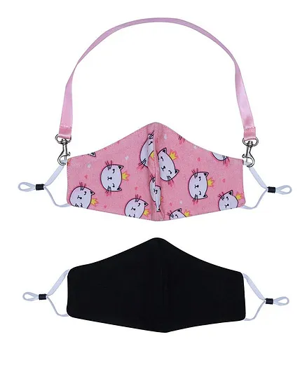 D'chica Set of 2 2-Ply Kitty Print Mask With Detachable Hooks Lanyard - Pink & Black