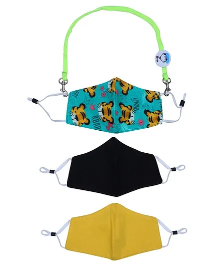 D'chica Set of 3 2-Ply Tiger Print Masks With Detachable Hook Lanyard - Blue Yellow & Black