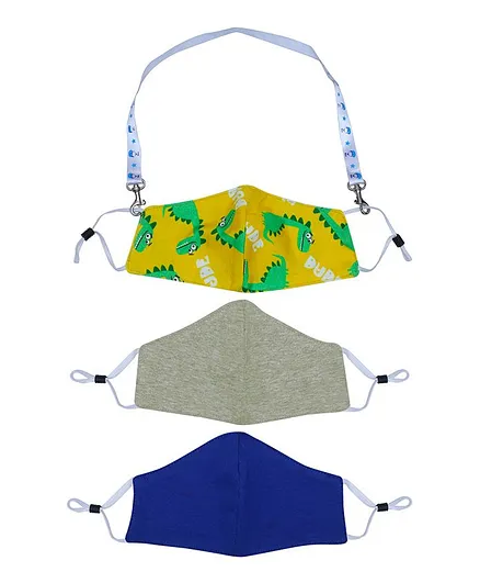 D'chica Set of 3 2-Ply Dino Print Masks With Detachable Hook Lanyard - Yellow Grey & Blue