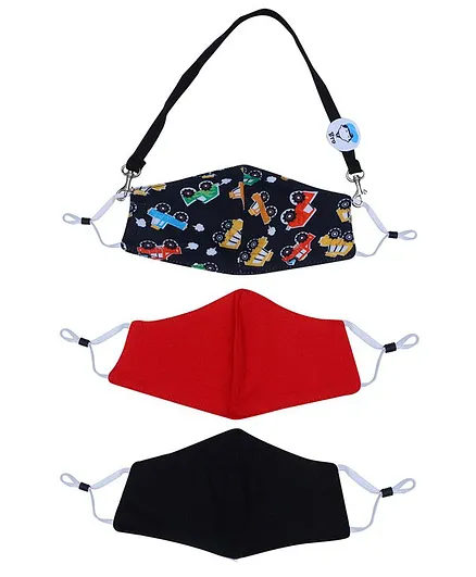 D'chica Set of 3 2-Ply Car Print Masks With Detachable Hook Lanyard - Black & Red