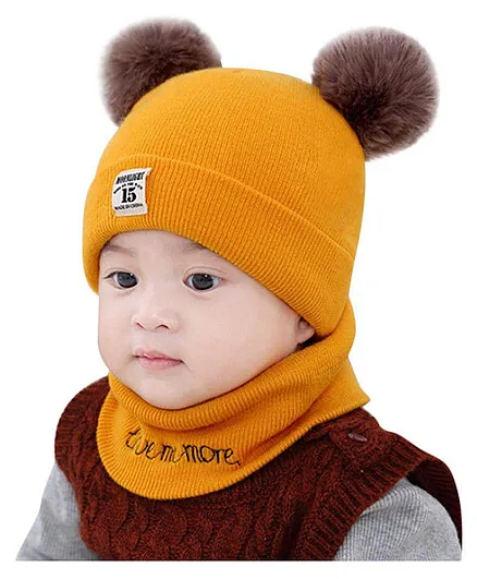 Syga Knitted Pom Pom Cap With Neckwear Yellow - Circumference 39 to 43 cm