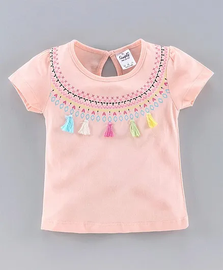 Simply Half Sleeves T-Shirt Tassle Detailed - Peach
