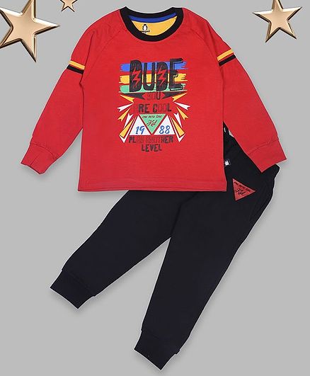 Crazy Penguin Full Sleeves Quote Printed Tee With Lounge Pants - Red