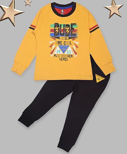 Crazy Penguin Full Sleeves Quote Printed Tee With Lounge Pants - Yellow
