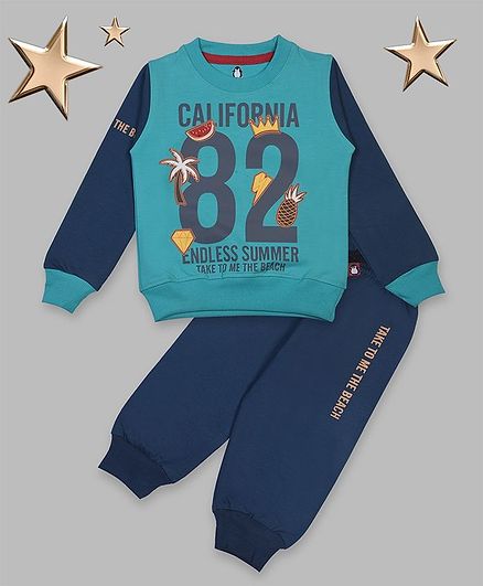 Crazy Penguin Full Sleeves Numbers Printed Sweatshirt With Lounge Pants - Blue