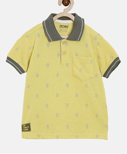 Aomi Half Sleeves Leaves Printed Polo T-Shirt - Yellow