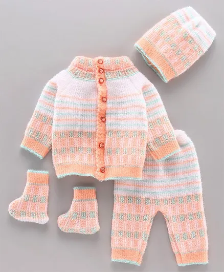 Babyhug Full Sleeves Sweater Set With Cap & Booties - Peach