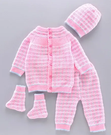 Babyhug Full Sleeves Sweater Set With Cap & Booties - Pink
