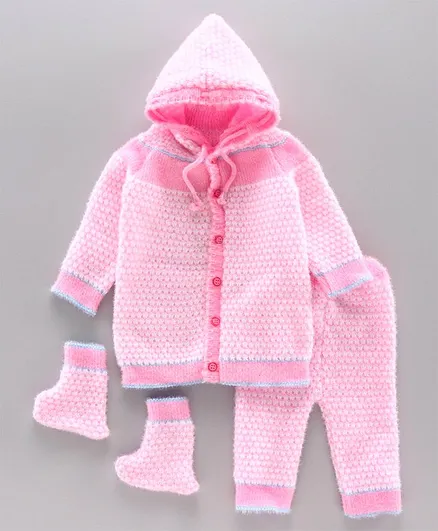 Babyhug Full Sleeves Hooded Sweater Set With Booties - Pink