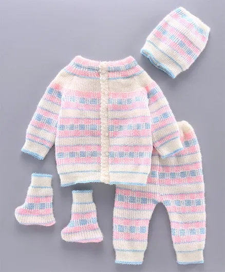 Babyhug Full Sleeves Sweater Set With Cap & Booties - Pink Grey