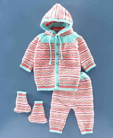 Babyhug Full Sleeves Hooded Sweater Set With Booties - Peach Green