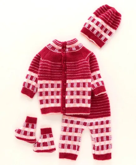 Babyhug Full Sleeves Front Open Sweater Set With Booties & Cap - Red