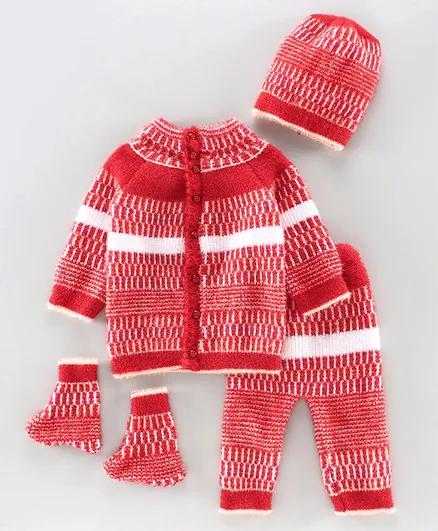 Babyhug Full Sleeves Sweater Set With Caps And Booties - Red