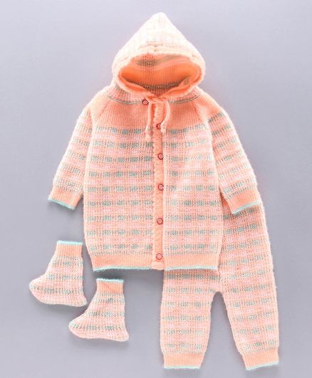 Babyhug Full Sleeves Front Open Sweater Set With Booties - Peach