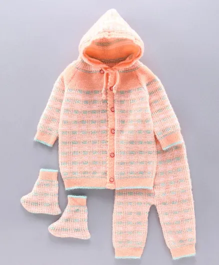 Babyhug Full Sleeves Front Open Sweater Set With Booties - Peach