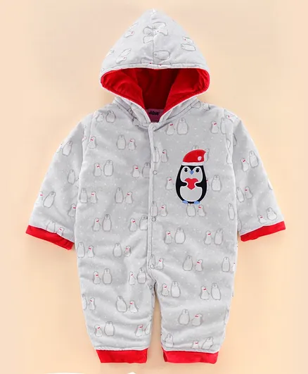 U R Cute Penguin Print Full Sleeves Winter Hooded Romper - Grey