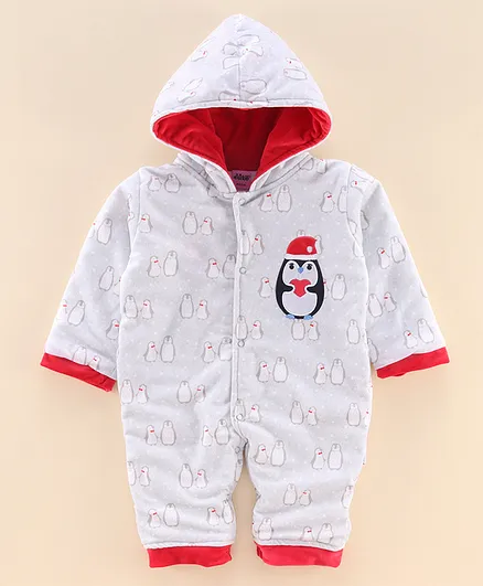 U R Cute Penguin Print Full Sleeves Winter Hooded Romper - Grey