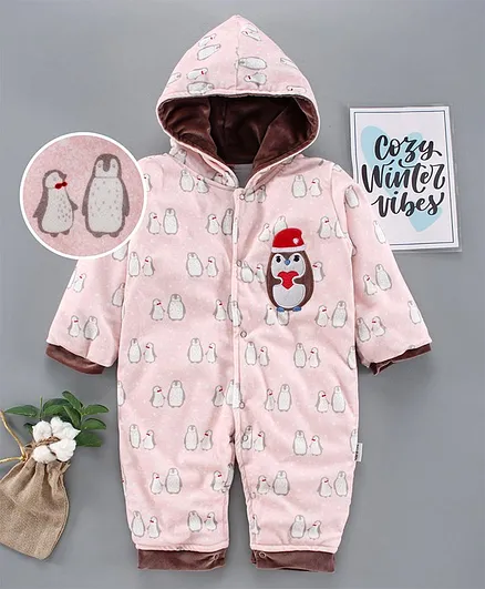 U R Cute Penguin Print Full Sleeves Winter Hooded Romper - Pink