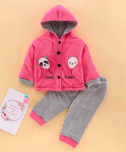 U R Cute Panda Face Print Full Sleeves Hooded Jacket With Bottom - Pink