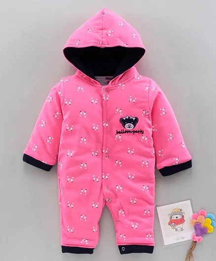 U R Cute Printed Full Sleeves Hooded Winter Romper - Pink