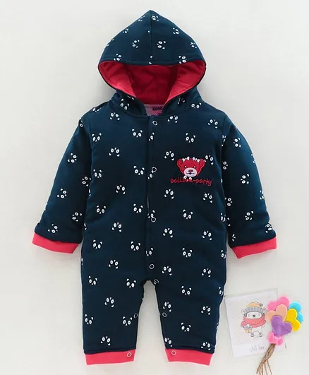 U R Cute Printed Full Sleeves Hooded Winter Romper - Navy