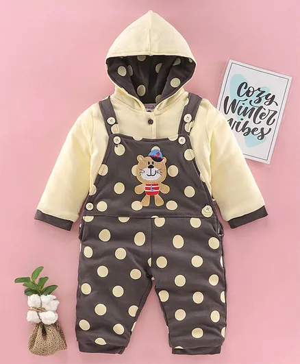 U R Cute Full Sleeves Hooded Jacket With Polka Dot Print Dungaree - Grey