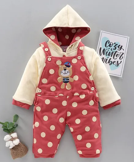 U R Cute Full Sleeves Hooded Jacket With Polka Dot Print Dungaree - Rust