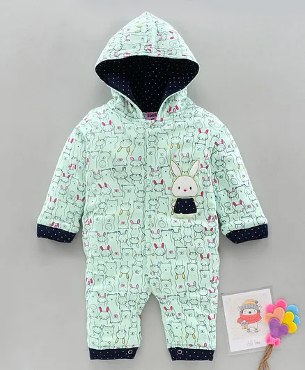 U R Cute Bear Print Full Sleeves Winter Hooded Romper - Green
