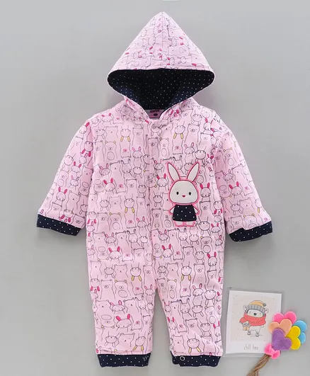 U R Cute Bear Print Full Sleeves Winter Hooded Romper - Pink