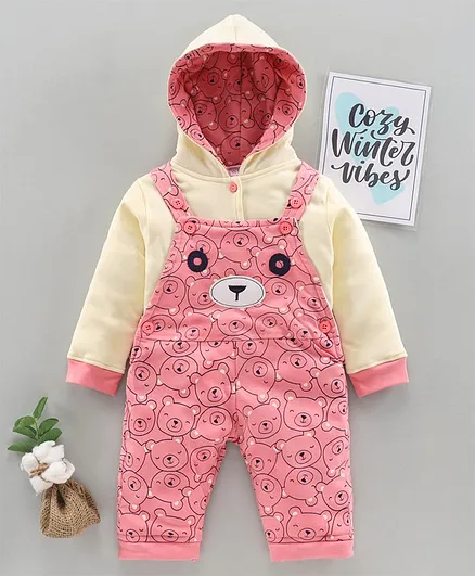 U R CUTE Full Sleeves Hooded Jacket With Teddy Printed Dungaree - Peach