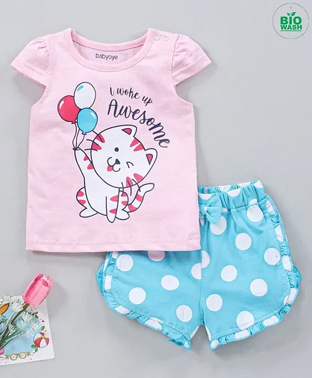 Babyoye Cotton Printed Short Sleeves Night Suit - Pink