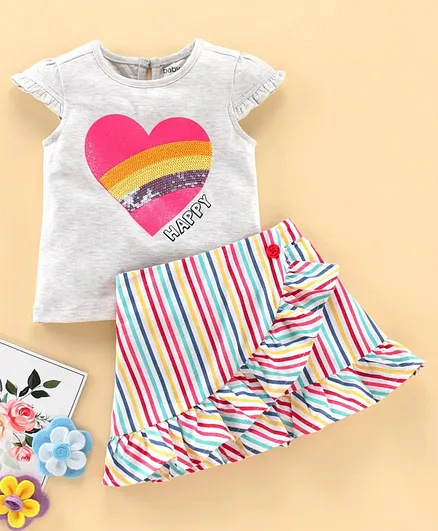 Babyoye Short Sleeves Cotton Blend Top with Skirt Heart Embellished - Grey