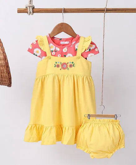 Babyoye Cotton Blend Frock with Cap Sleeves Inner Tee and Bloomer Floral Embroidery - Yellow