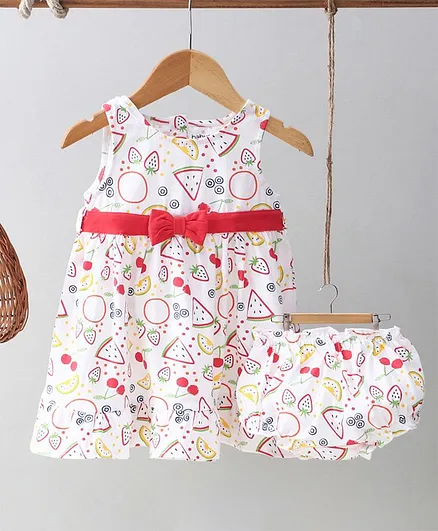 Babyoye Sleeveless Frock With Bloomer Fruits Print - White