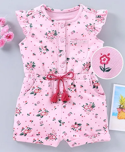 Babyoye Cotton Cap Sleeves Jumpsuit Floral Print - Pink