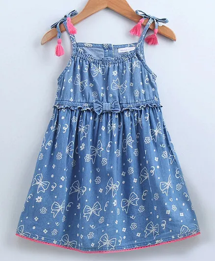 Babyoye Denim Cotton Singlet Frock Floral Print - Blue