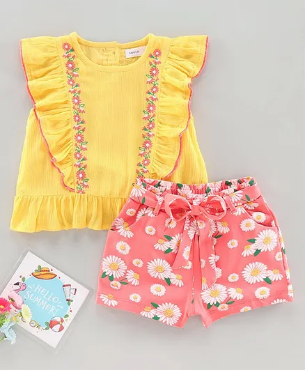 Babyoye Cotton Flutter Sleeves Top & Shorts Floral Print - Yellow