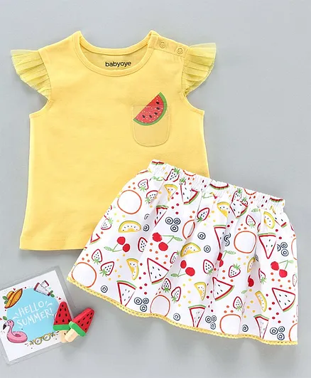 Babyoye Short Sleeves Top with Skirt Fruits Print - Yellow