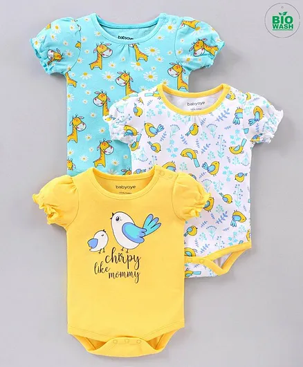 Babyoye Half Sleeves Onesie Giraffe Print Pack of 3 - Yellow