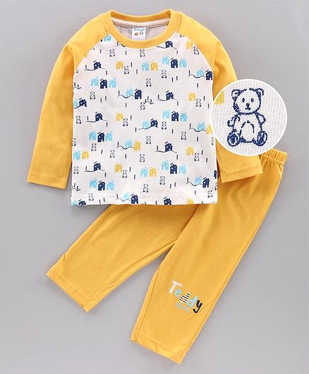 Tango Full Sleeves Tee & Lounge Pant Teddy Print - Yellow