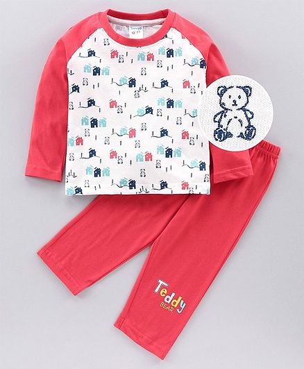 Tango Full Sleeves Tee & Lounge Pant Teddy Print - Red