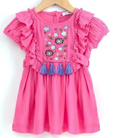 Babyoye Short Sleeves Frock with Bloomer Floral Embroidery - Pink