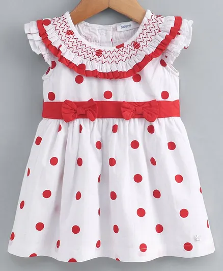 Babyoye Flutter Sleeves Frock with Bloomer Polka Dot Print - Red White