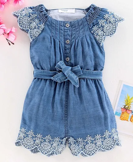 Babyoye Short Sleeves Cotton Blend Jumpsuit with Embroidered Hem - Blue